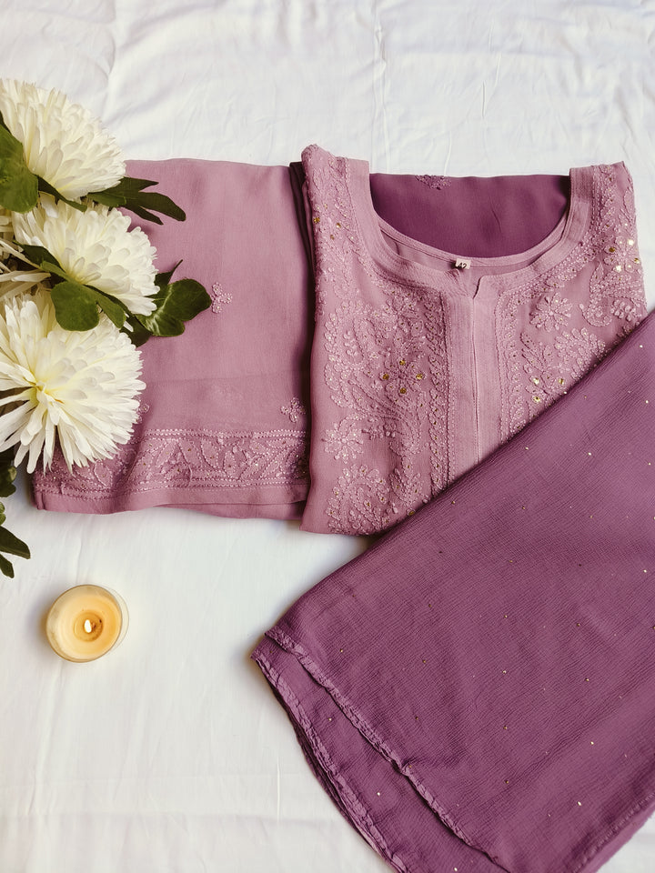 Mauve Ombre Pure Georgette Chikankari Suit Set -Custom Made