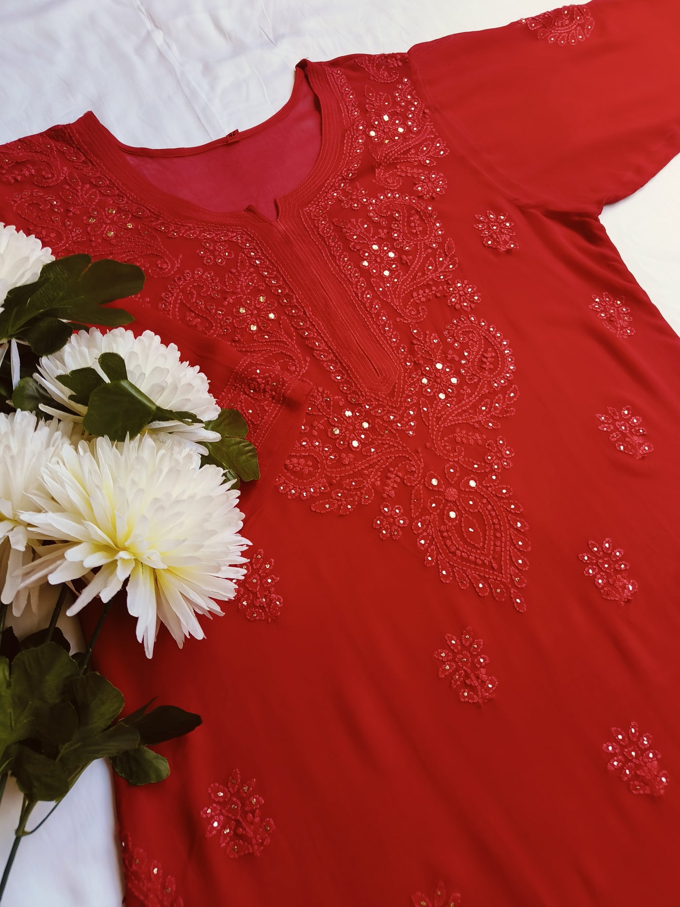 Red Pure Georgette Chikankari Suit Set -Custom Made