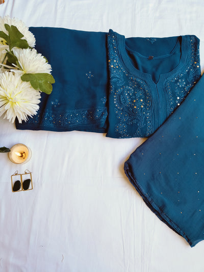 Teal Blue Pure Georgette Chikankari Suit Set -Custom Made