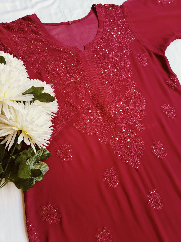 Maroon Pure  Georgette Chikankari Suit Set-Custom Made