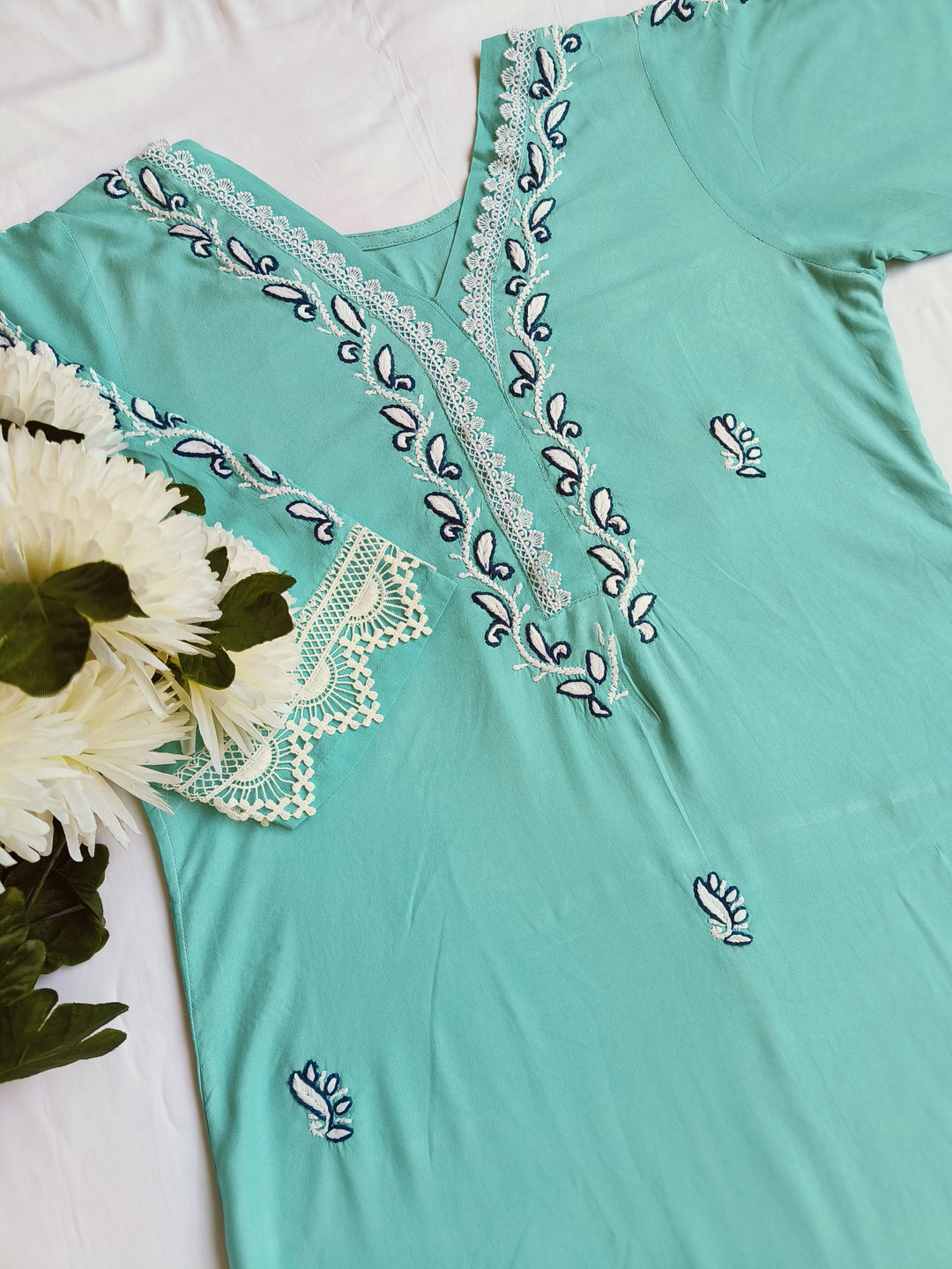 Sky Blue Rayon Chikankari Kurta Pant Set -Custom Made