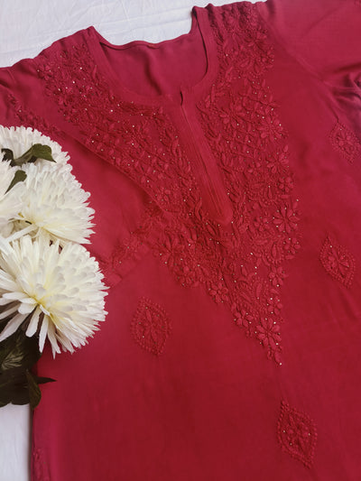 Red Rayon Chikankari Set -Custom Made