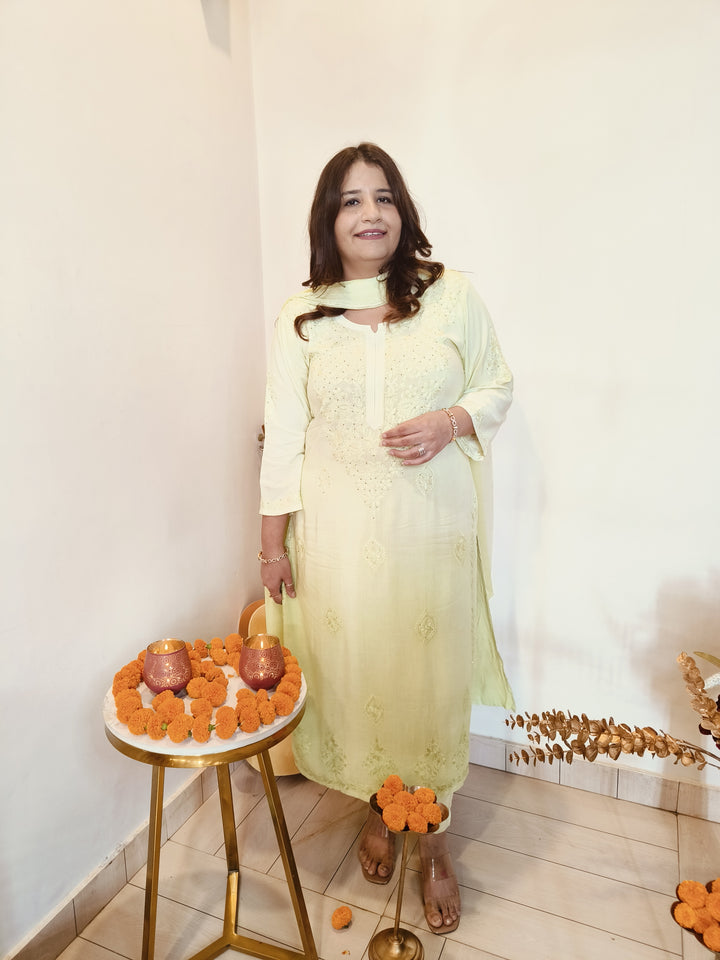 Pista Green Ombre Rayon Chikankari Kurta -Custom Made