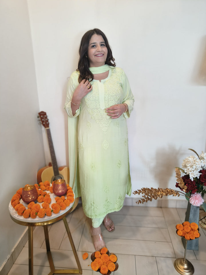 Pista Green Ombre Rayon Chikankari Kurta -Custom Made