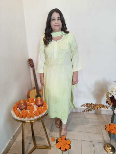 Pista Green Ombre Rayon Chikankari Set -Custom Made