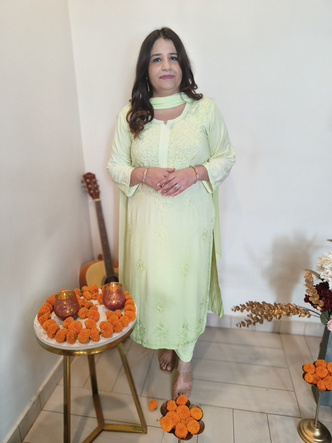 Pista Green Ombre Rayon Chikankari Set -Custom Made