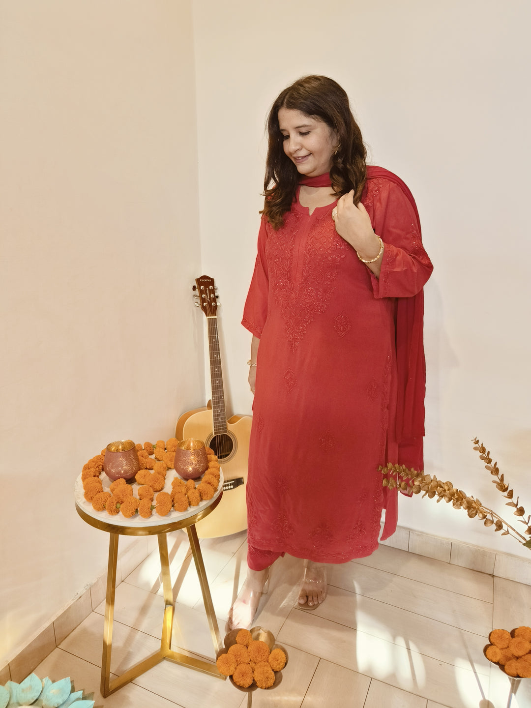 Red Rayon Chikankari Kurta -Custom Made