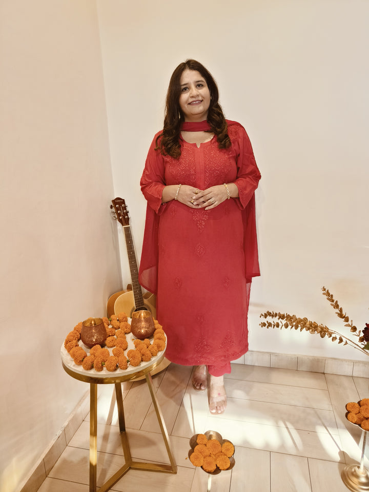 Red Rayon Chikankari Kurta -Custom Made