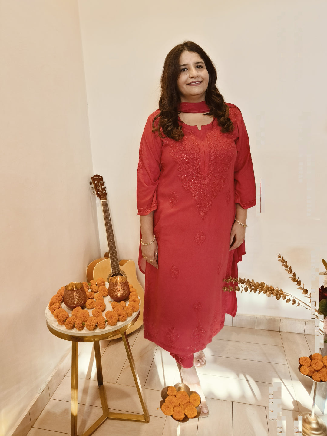 Red Rayon Chikankari Kurta -Custom Made