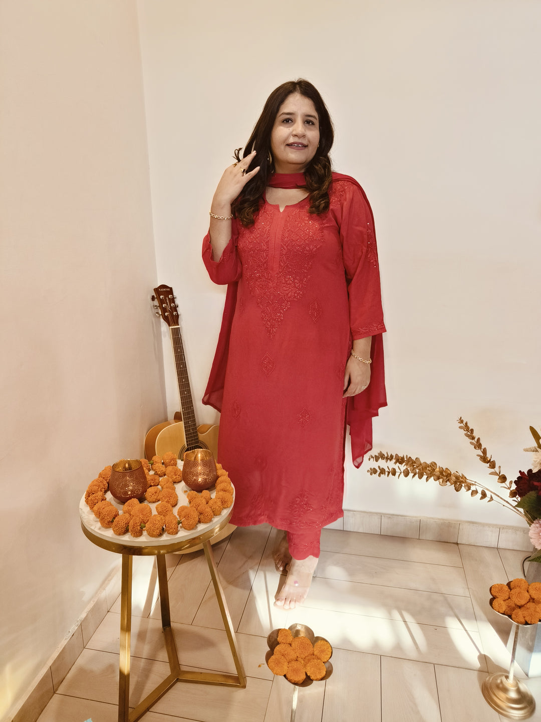 Red Rayon Chikankari Kurta -Custom Made