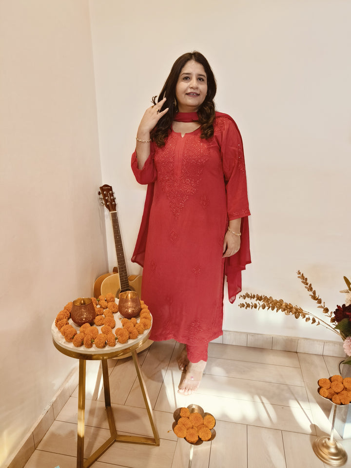 Red Rayon Chikankari Kurta -Custom Made