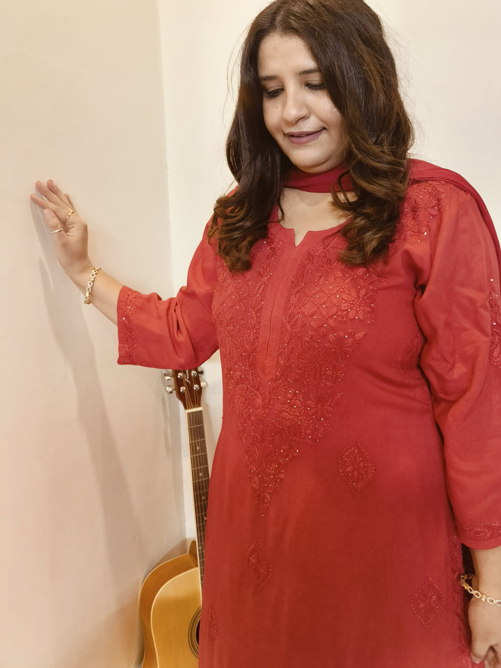 Red Rayon Chikankari Kurta -Custom Made