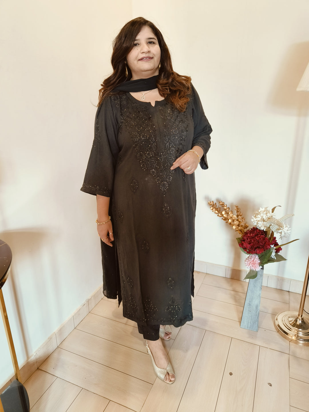 Black Rayon Chikankari Suit Set-Custom Made