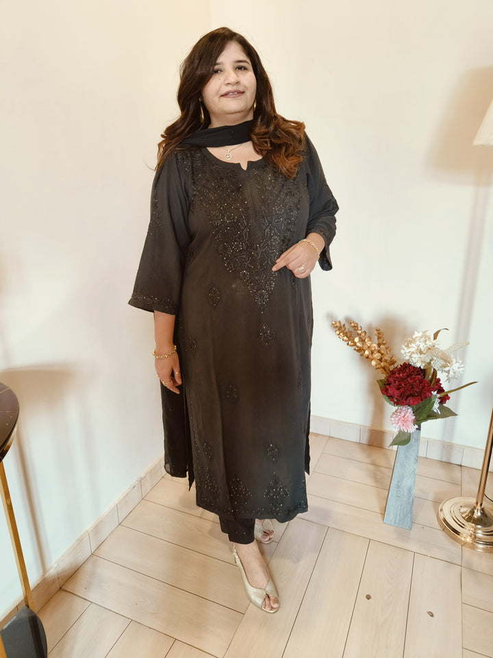Black Rayon Chikankari Suit Set-Custom Made
