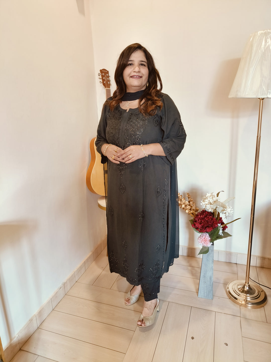 Black Rayon Chikankari Suit Set-Custom Made