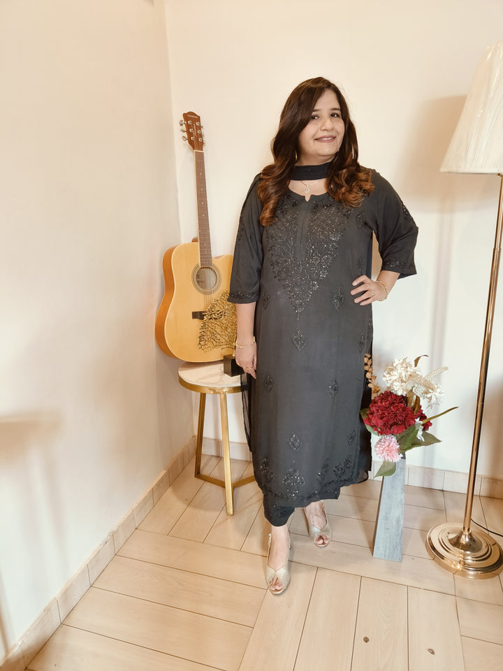 Black Rayon Chikankari Suit Set-Custom Made