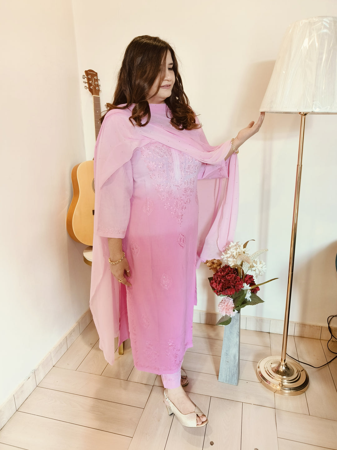 Baby Pink Ombre Rayon Chikankari Set