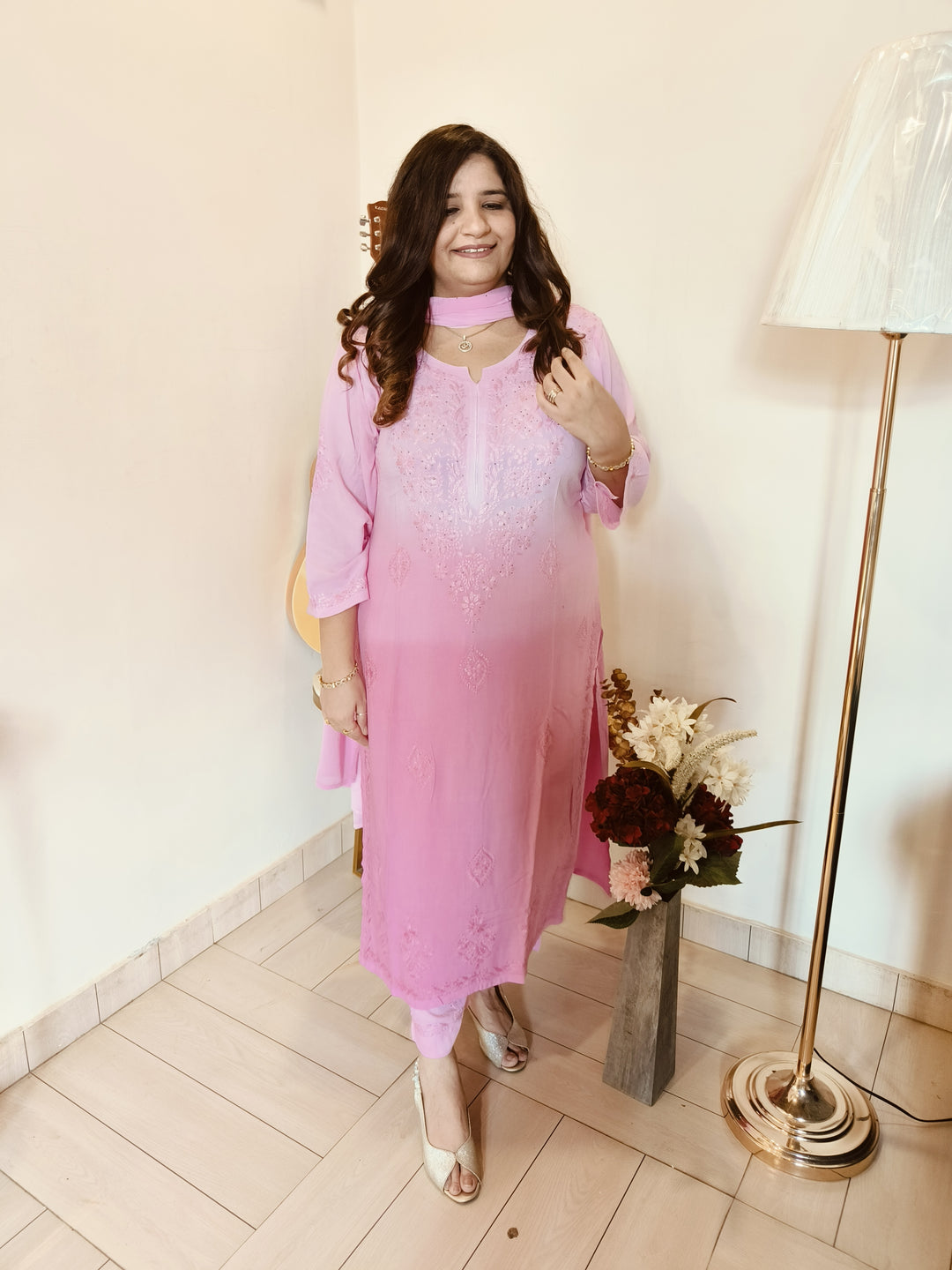 Baby Pink Ombre Rayon Chikankari Set