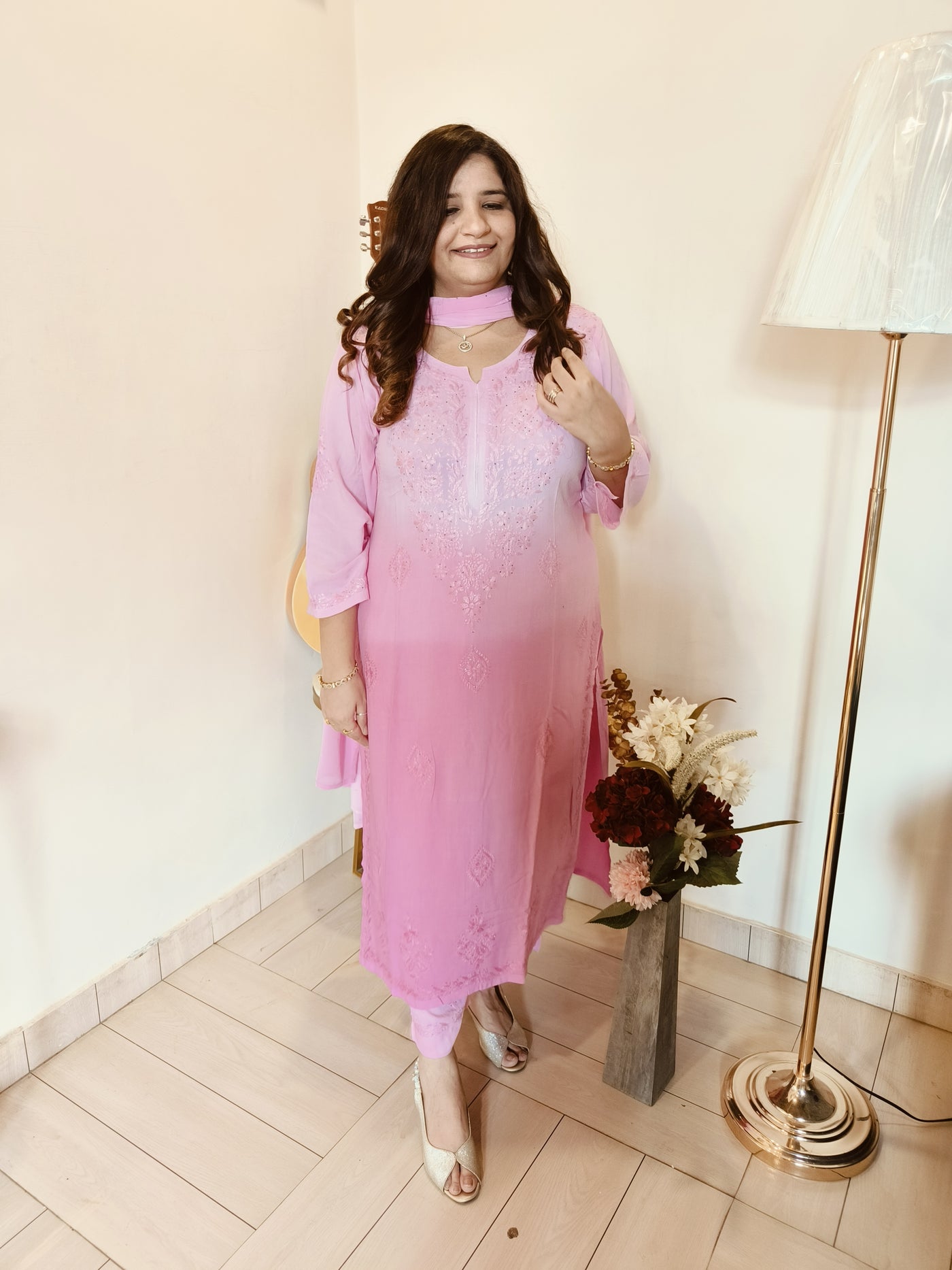 Baby Pink Ombre Rayon Chikankari Set -Custom Made