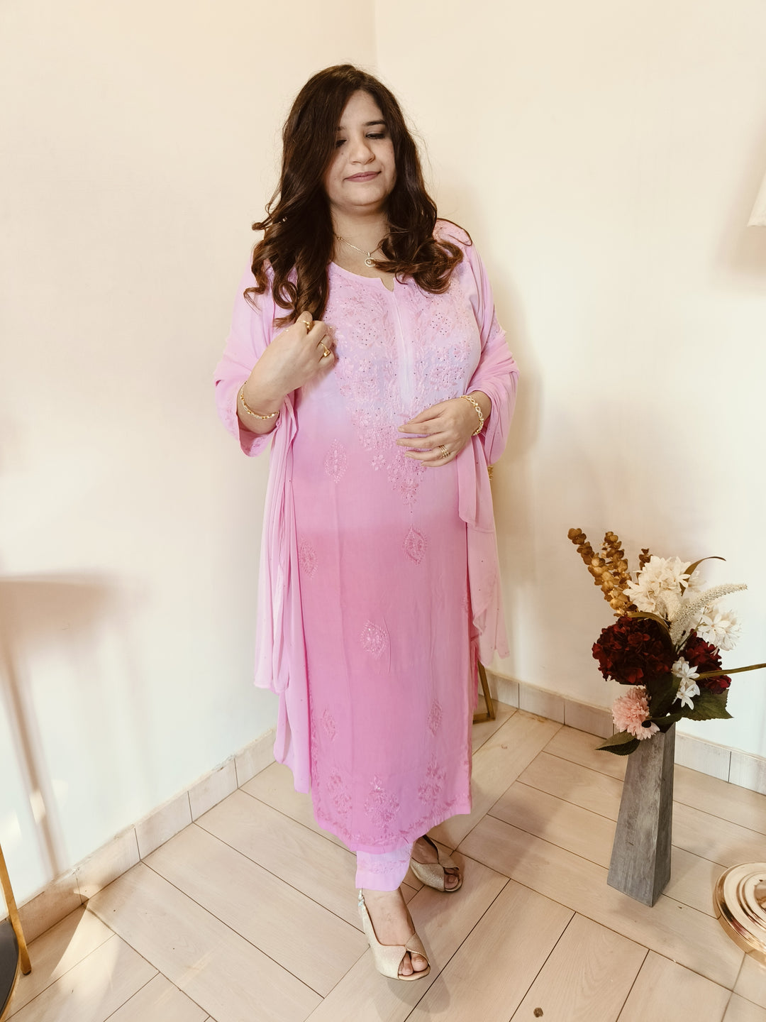 Baby Pink Ombre Rayon Chikankari Set