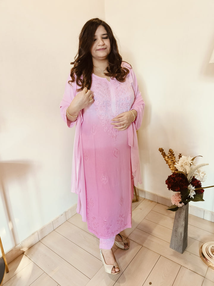 Baby Pink Ombre Rayon Chikankari Set