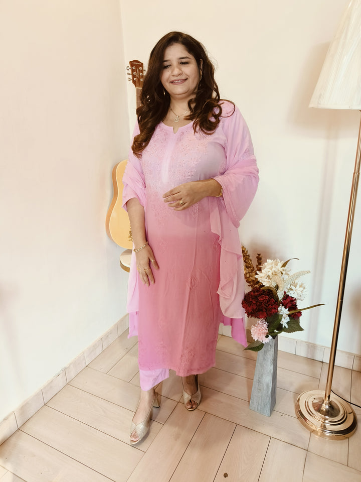 Baby Pink Ombre Rayon Chikankari Set