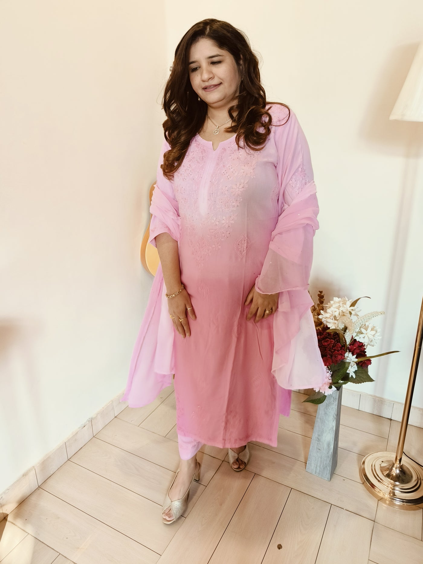 Baby Pink Ombre Rayon Chikankari Set -Custom Made