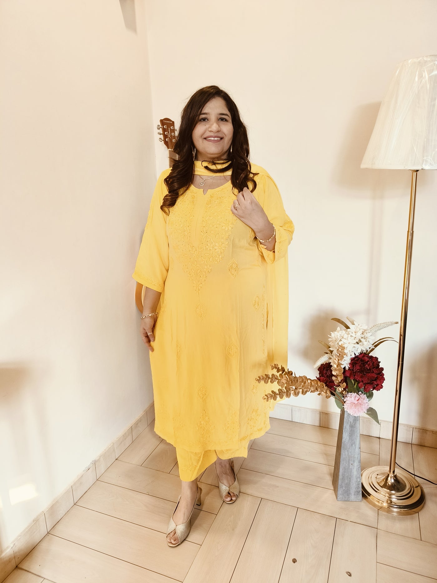 Yellow Rayon Chikankari Set