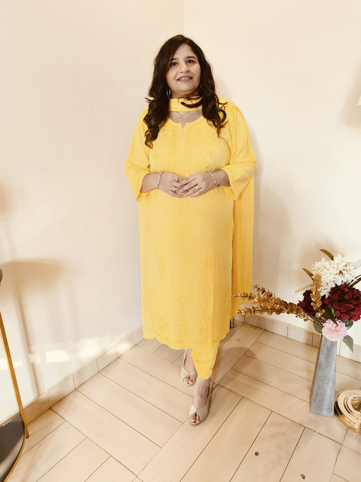 Yellow Rayon Chikankari Suit Set  Custom - Made