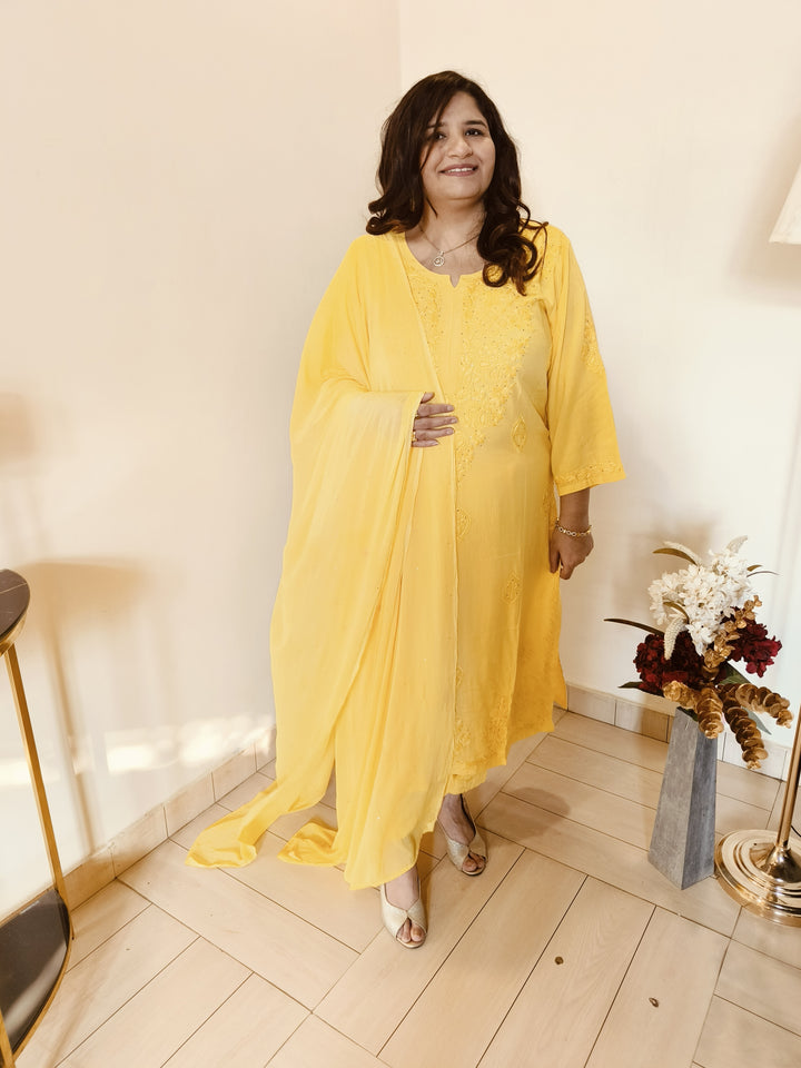 Yellow Rayon Chikankari Suit Set  Custom - Made