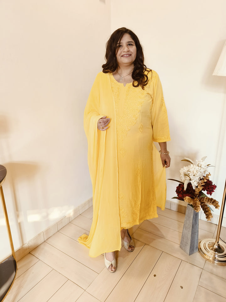Yellow Rayon Chikankari Suit Set  Custom - Made