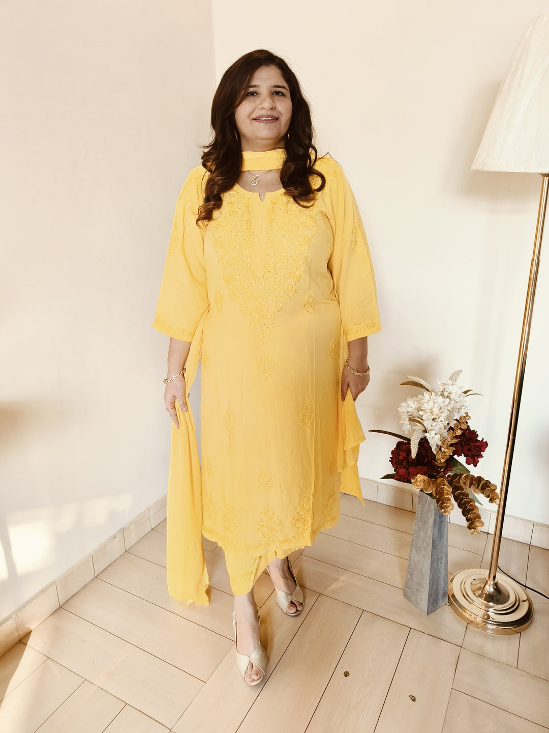 Yellow Rayon Chikankari Suit Set  Custom - Made
