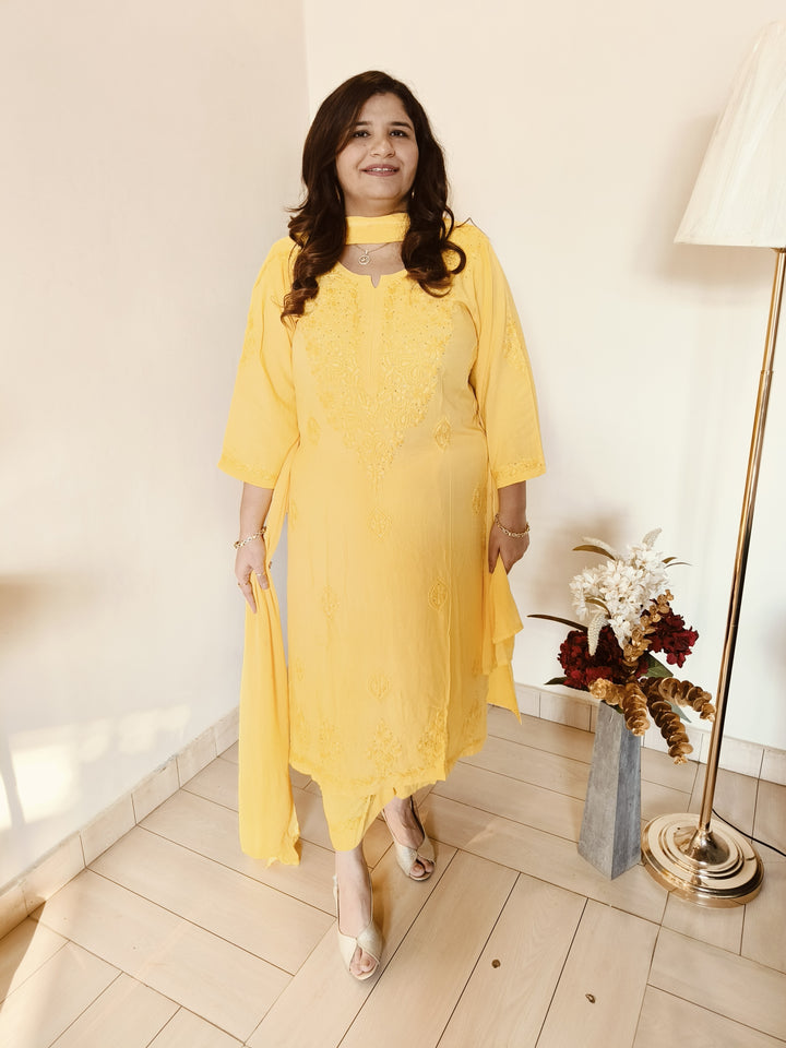 Yellow Rayon Chikankari Suit Set  Custom - Made