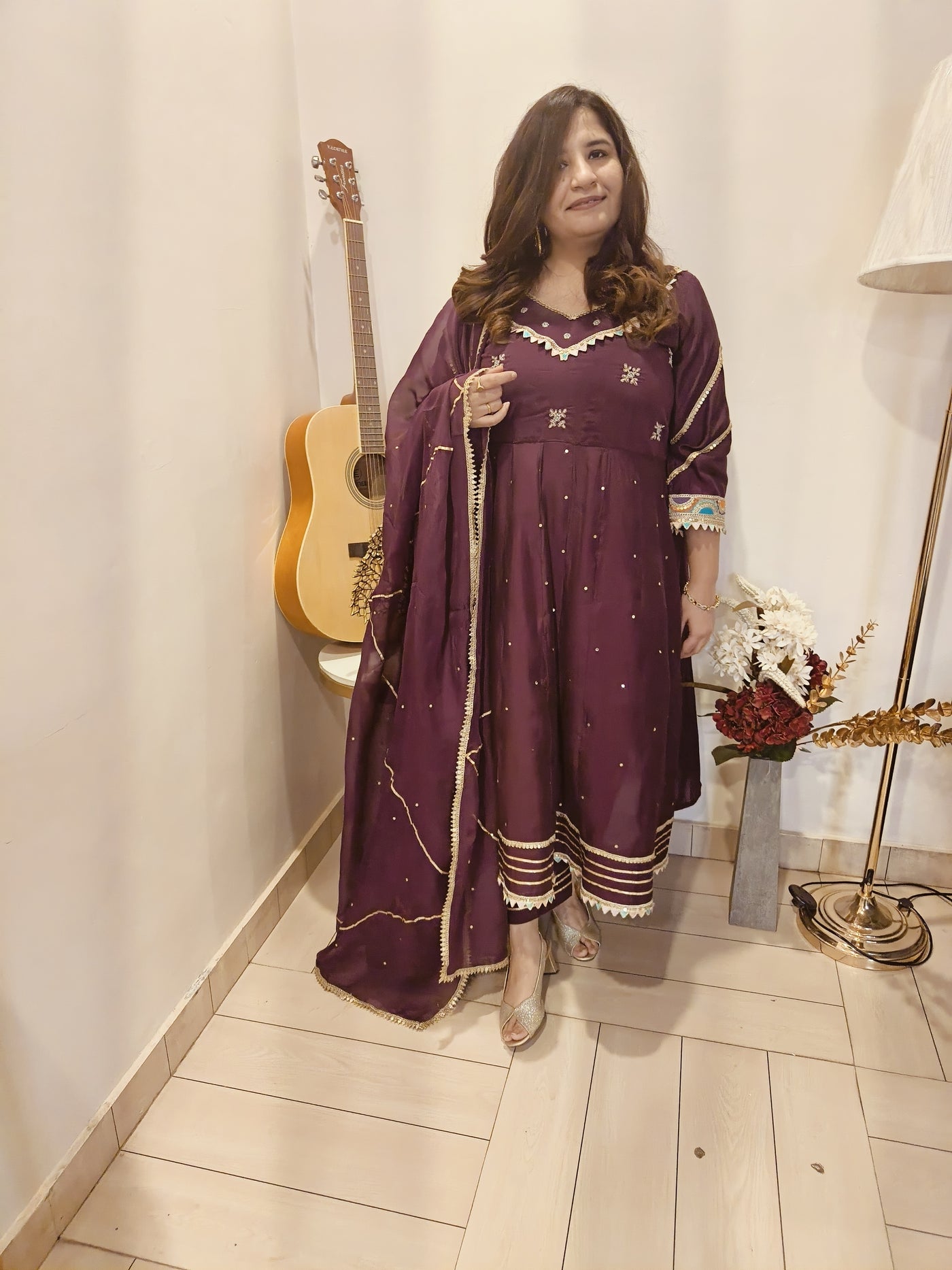 Wine Chanderi Suit Set -Custom Made