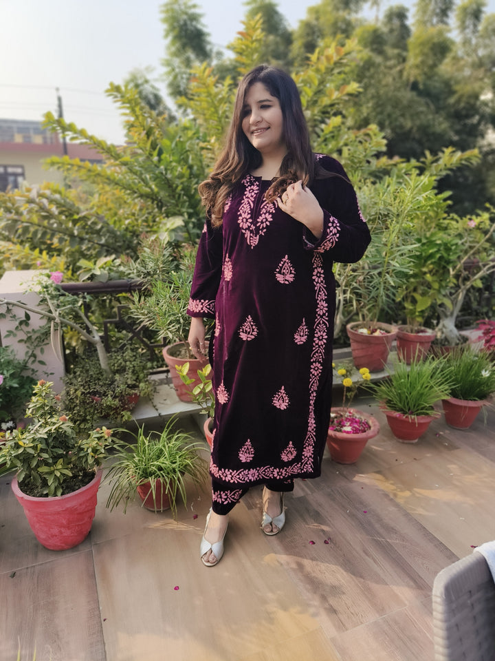 Wine Velvet Chikankari kurta with Pant Set Custom-Made