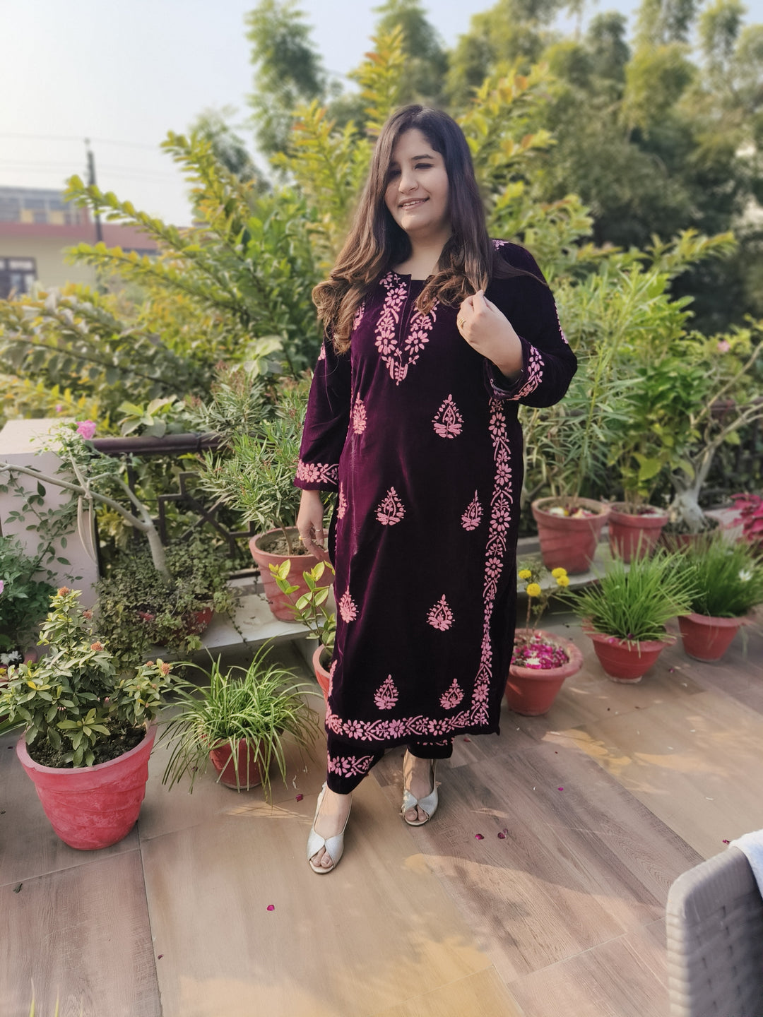 Wine Velvet Chikankari kurta with Pant Set Custom-Made