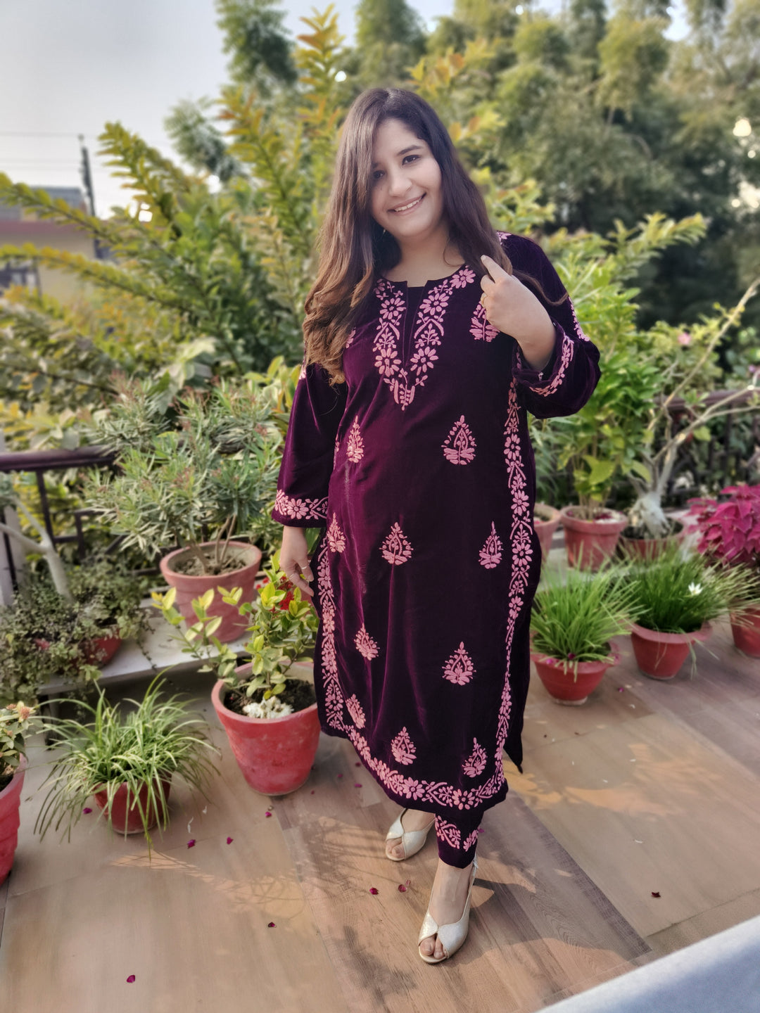 Wine Velvet Chikankari kurta with Pant Set Custom-Made