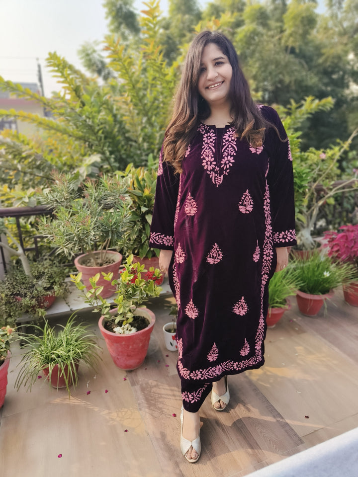 Wine Velvet Chikankari kurta with Pant Set Custom-Made