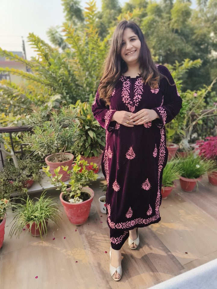 Wine Velvet Chikankari kurta with Pant Set Custom-Made