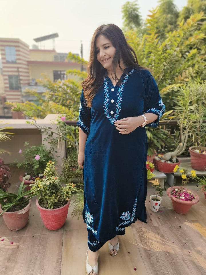 Teal Blue Velvet Chikankari kurta with Pant Set Custom-Made
