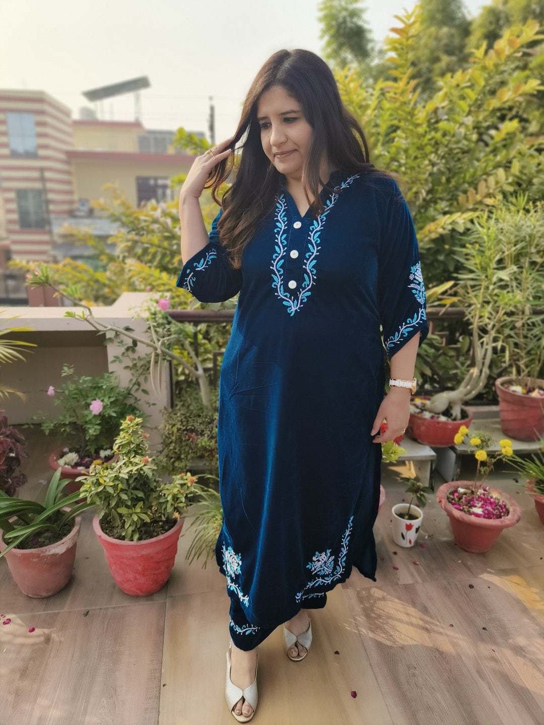 Teal Blue Velvet Chikankari kurta with Pant Set Custom-Made