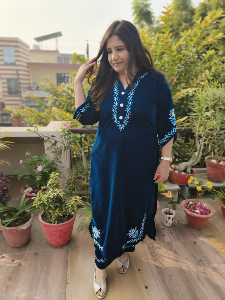 Teal Blue Velvet Chikankari kurta with Pant Set Custom-Made