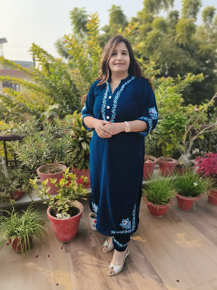 Teal Blue Velvet Chikankari kurta with Pant Set Custom-Made