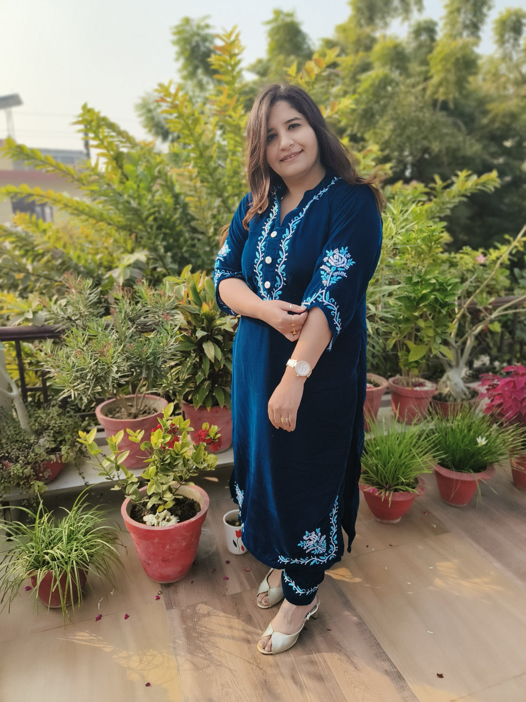 Teal Blue Velvet Chikankari kurta with Pant Set Custom-Made