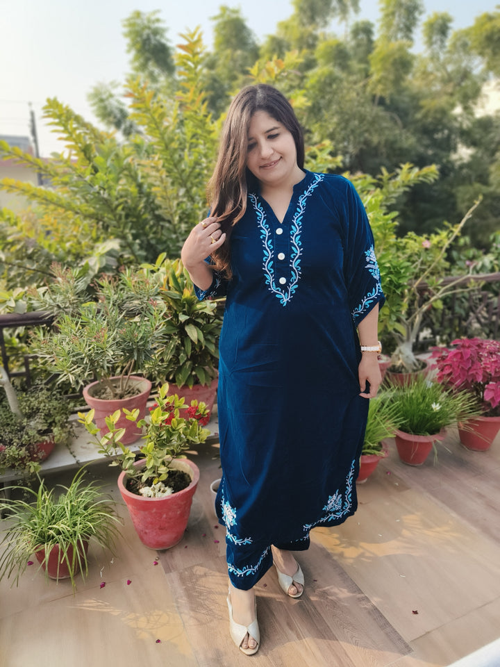 Teal Blue Velvet Chikankari kurta with Pant Set Custom-Made