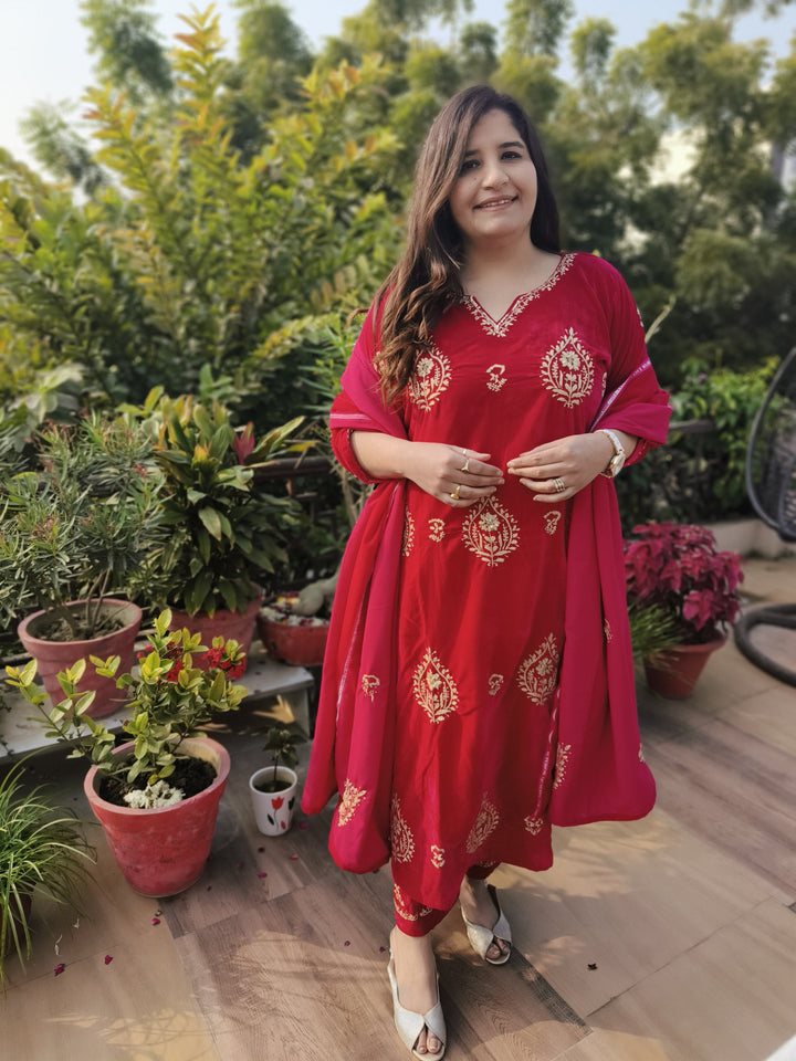 Rani Pink Velvet Chikankari kurta with Pant Dupatta Set Custom-Made