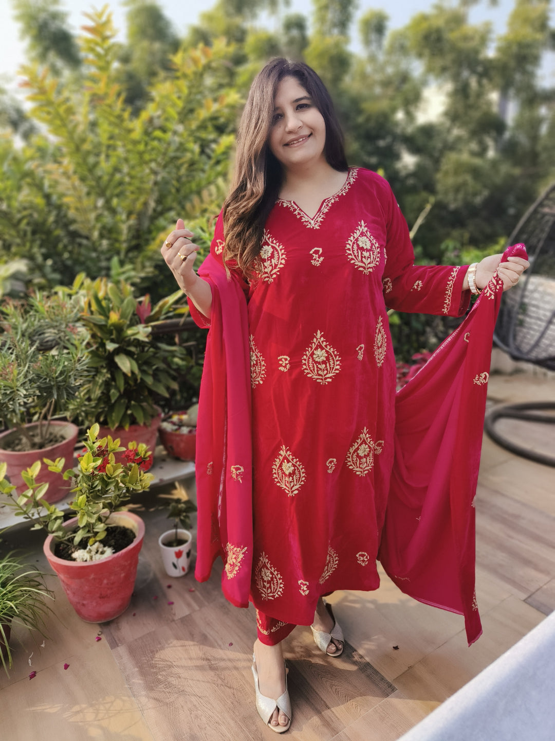 Rani Pink Velvet Chikankari kurta with Pant Dupatta Set Custom-Made