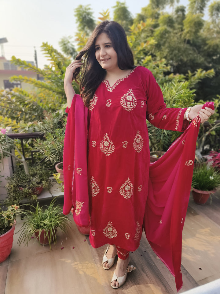 Rani Pink Velvet Chikankari kurta with Pant Dupatta Set Custom-Made