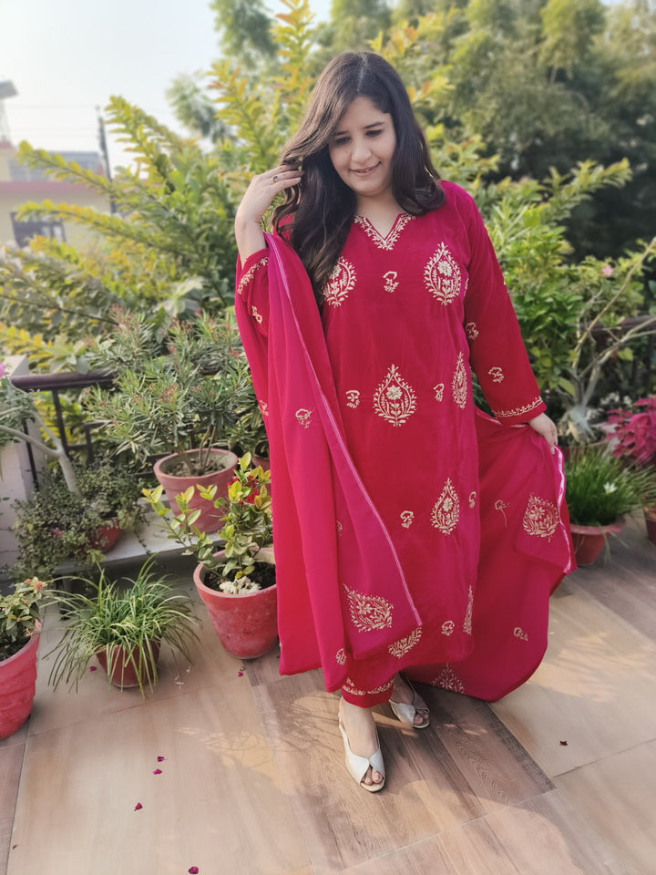 Rani Pink Velvet Chikankari kurta with Pant Dupatta Set Custom-Made