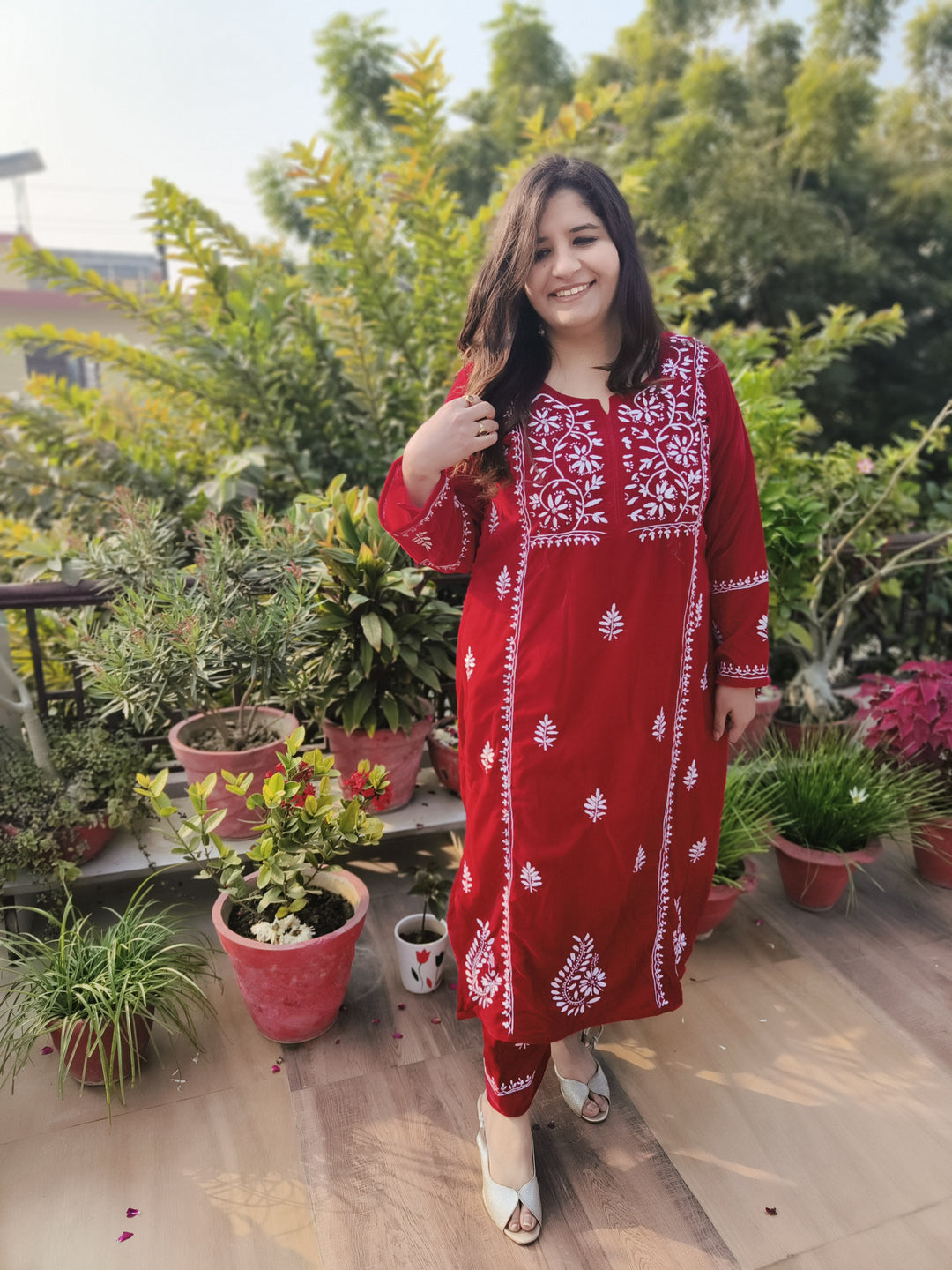Red Velvet Chikankari kurta with Pant Set Custom-Made